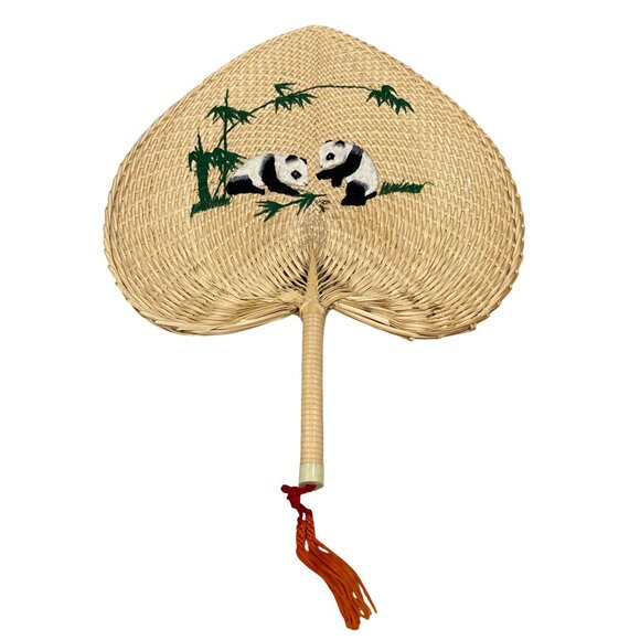 Handwoven Bamboo Fan With Embroidered Panda Design & Red Tassel - Picture 1 of 3